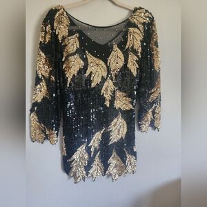Vintage "Oleg Cassini" Sequin Embellished Beaded Mini Dress / Tunic, Size Large